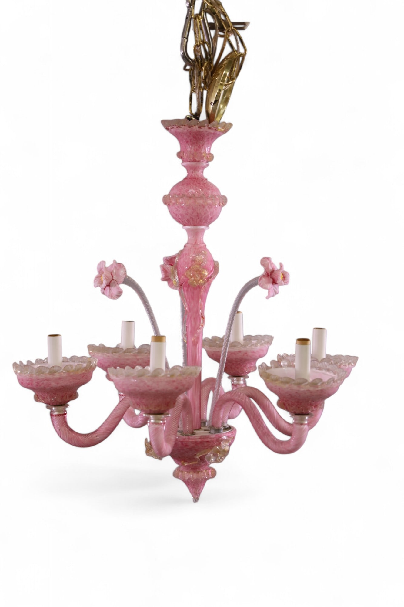 VENETIAN CHANDELIER: 6 ARM VENETIAN GLASS CHANDELIER, 22" W. 24" H. THIS ITEM EXCEEDS SIZE LIMITATIONS FOR IN HOUSE SHIPPING, MUST BE PICKED UP HOUSE OR SHIPPED VIA 3rd PARTY SHIPPER.