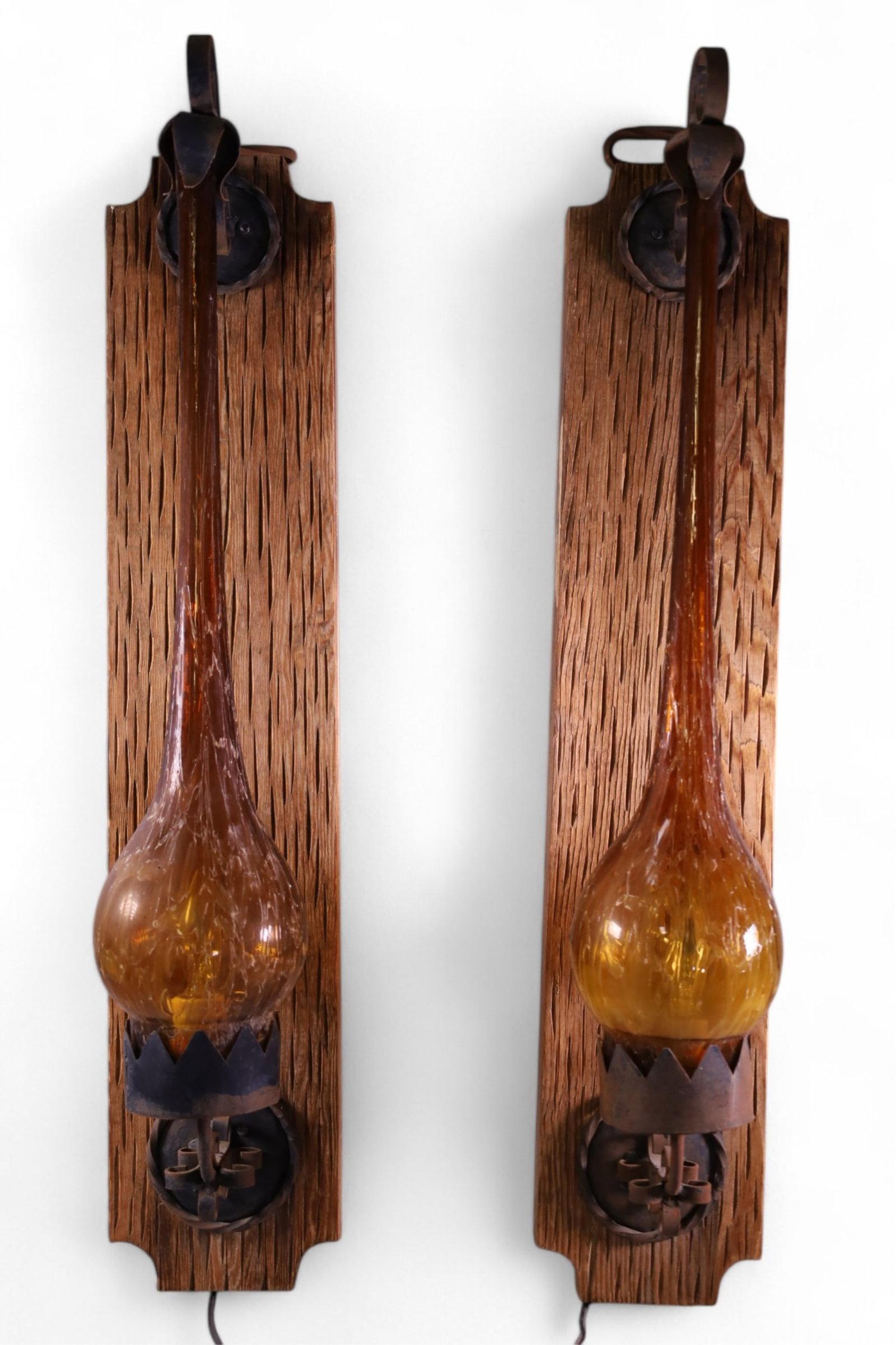 PAIR OF LARGE 1960'S OR 1970'S WALL SCONCES: LARGE DECRORATIVE WALL SCONCES, GLASS SHADE MOUNTED ON WOOD BACKS. 37" H. THIS ITEM EXCEEDS SIZE LIMITATIONS FOR IN HOUSE SHIPPING, MUST BE PICKED UP HOUSE OR SHIPPED VIA 3rd PARTY SHIPPER.