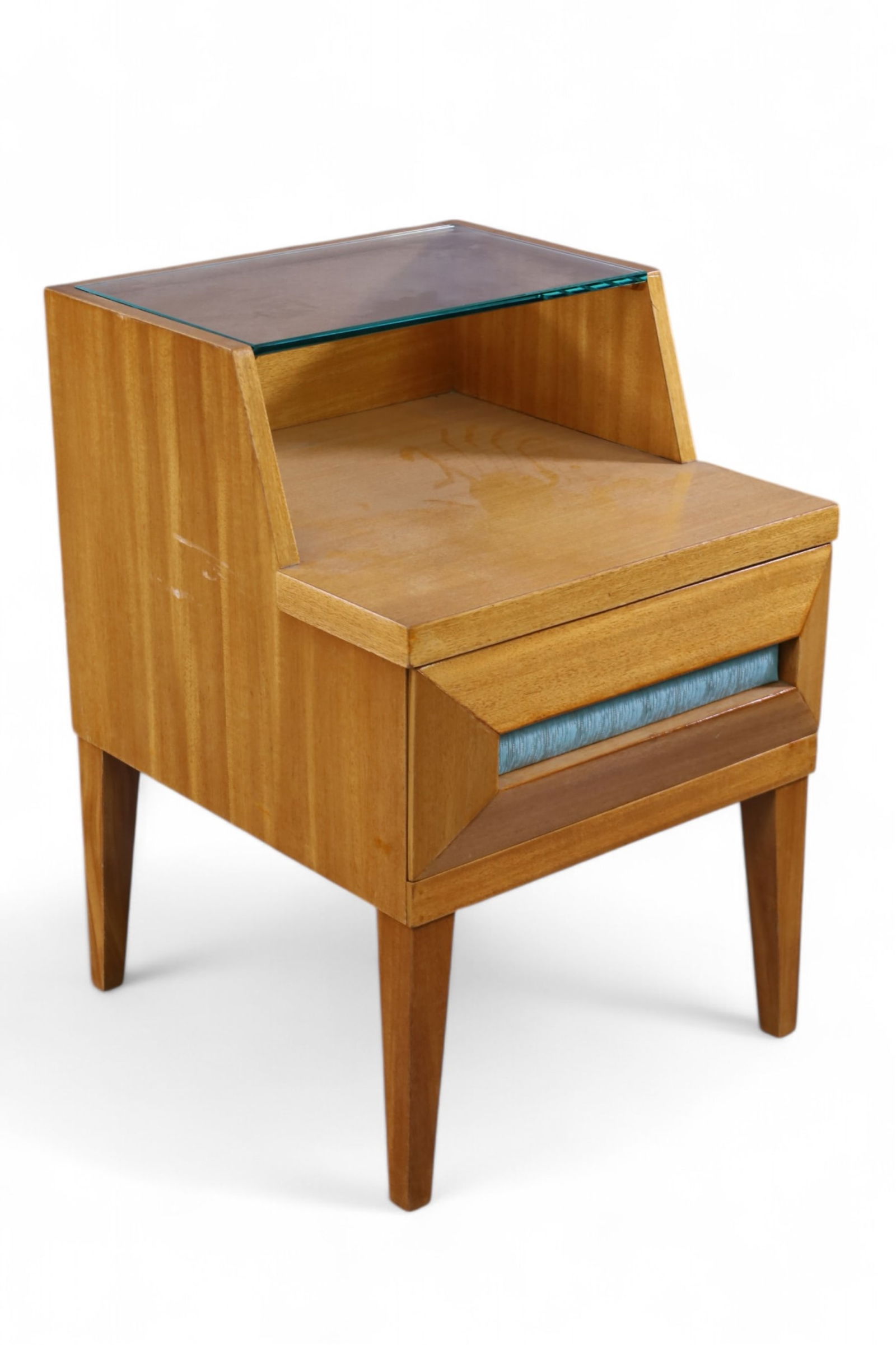PAUL LASZLO STEP BACK TABLE: MID CENTURY MODERN STEP BACK TABLE, GLASS TOP. SINGLE DRAWER. 18" W x 20" D x 27" H. THIS ITEM EXCEEDS SIZE LIMITATIONS FOR IN HOUSE SHIPPING, MUST BE PICKED UP HOUSE OR SHIPPED VIA 3rd PARTY SHIPPER.
