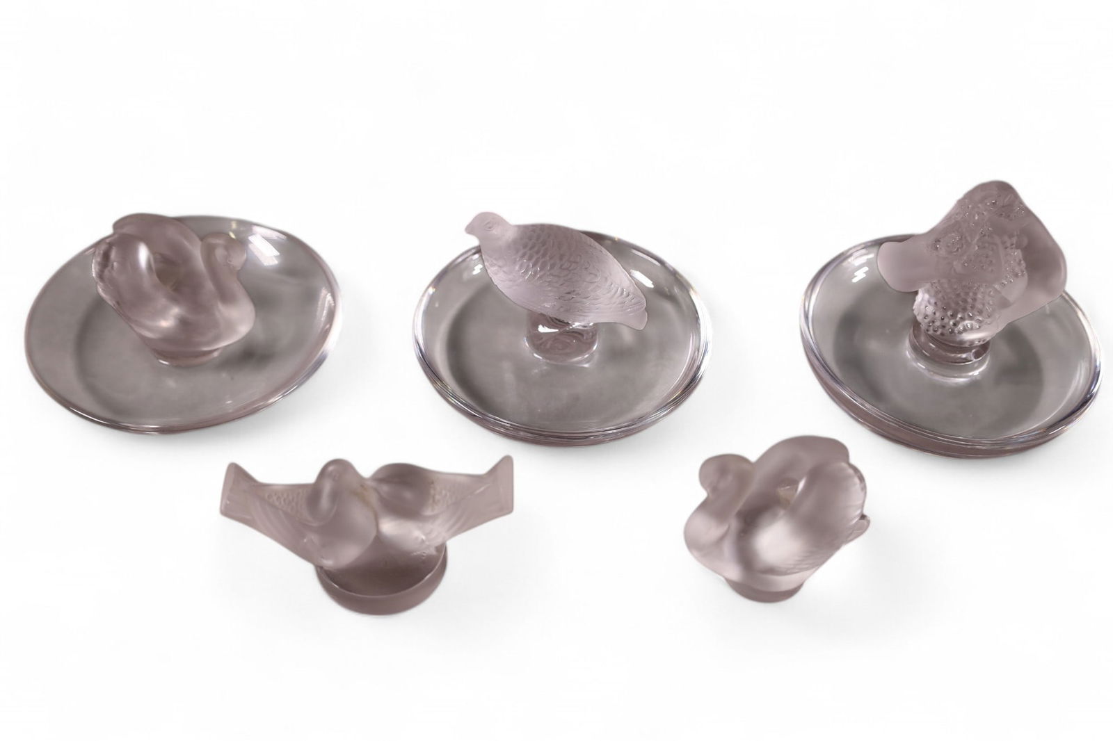 5 PIECES OF LALIQUE: THREE LALIQUE RING HOLDERS & 2 SMALL FIGURES, FROSTED CRYSTAL LALIQUE FRANCE. 2" - 3 1/2" DIAM.