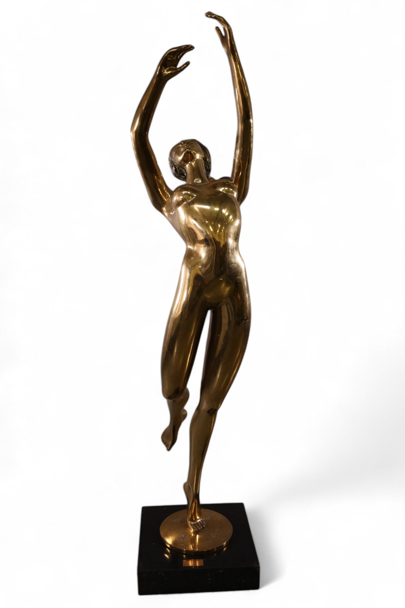 LIFESIZE PRINCE MONYO MIHAILESCU BRONZE STATUE: No 2/7. TITLED MOONLIGHT DANCE, LIFESIZE NUDE BRONZE WITH GOLD FINISH, ON SWIVEL MARBLE BASE. SIGNED ON PLAQUE PRINCE MONYO MIHAIILSCU. 81" H. THIS ITEM EXCEEDS SIZE LIMITATIONS FOR IN HOUSE SHIPPING,
