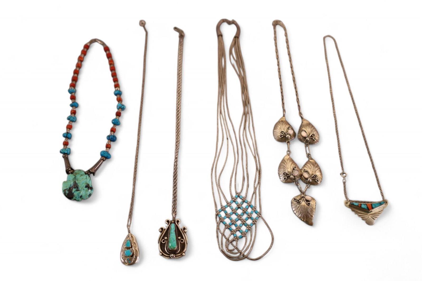 6 NATIVE AMERICAN NECKLACES: HANDMADE NATIVE AMERICAN NECKLACES, STRAND, TURQUOISE, CORAL, AND MORE. 4" - 8" L