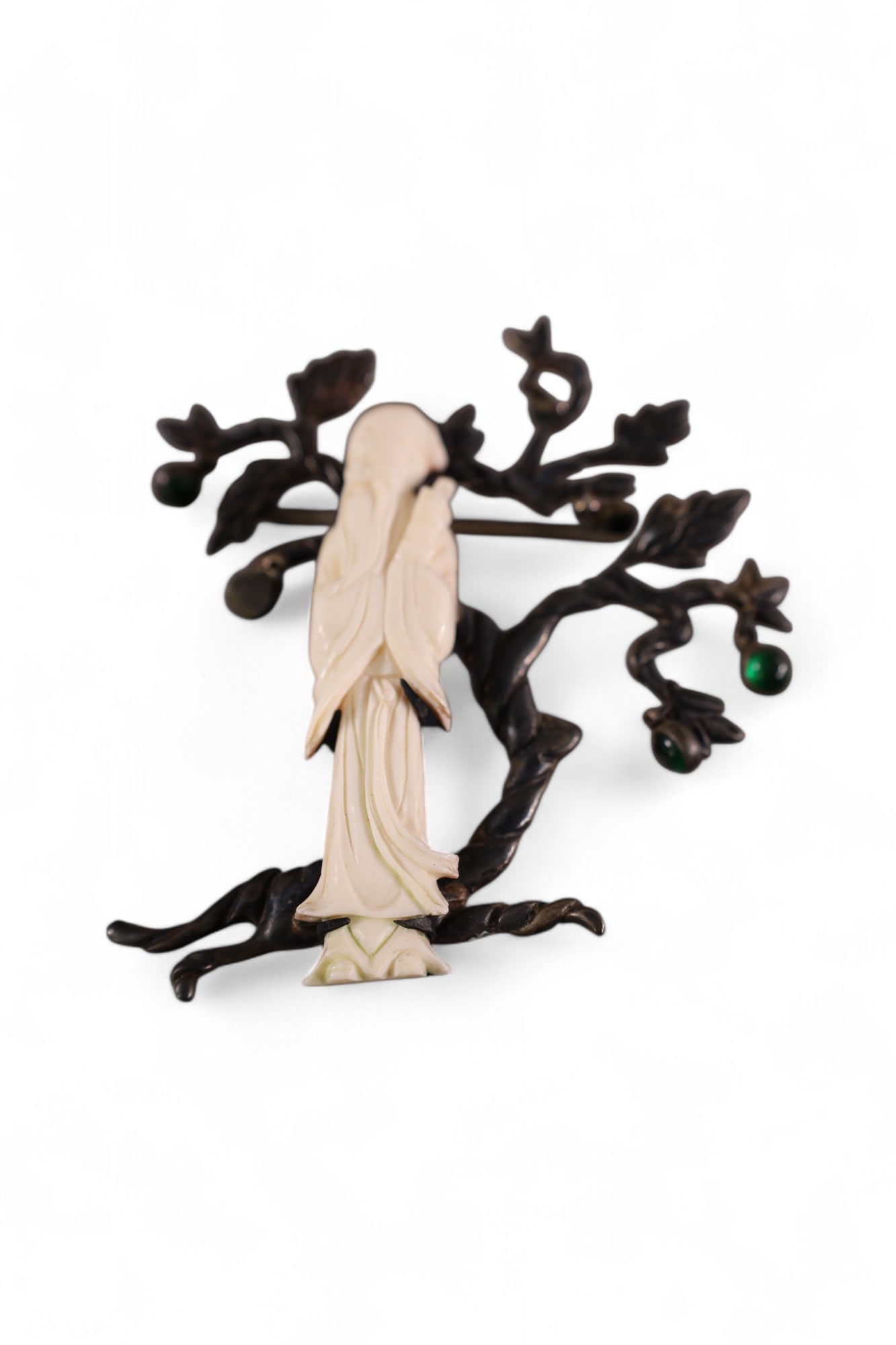 LOS CASTILLOS FIGURAL PIN: LARGE STERLING SILVER, LOS CASTILLOS TAXCO STERLING SILVER AND CARVED BONE PIN. 4" L x 3" W.