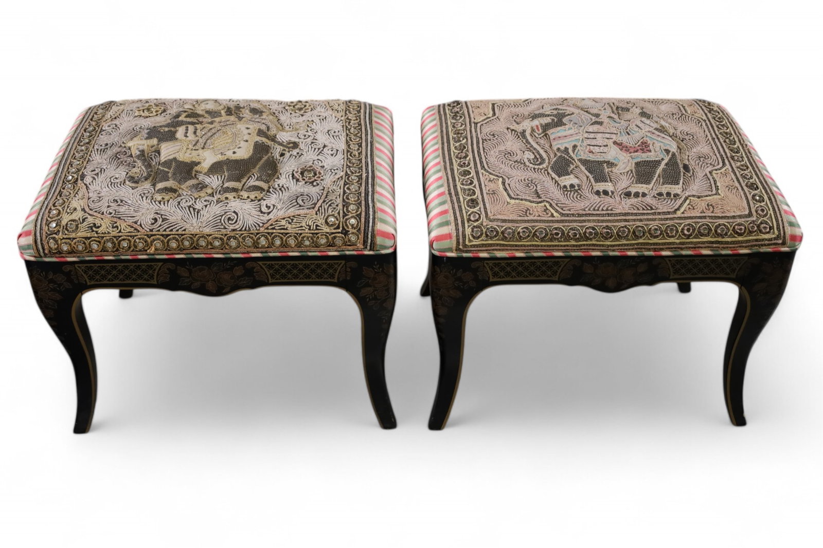 PAIR OF ORIENTAL FOOTSTOOLS: PAIR OF LACQUERED FINISH BASE, EMBROIDERED TOP. 22" W x 17" D x 18" H. THIS ITEM EXCEEDS SIZE LIMITATIONS FOR IN HOUSE SHIPPING, MUST BE PICKED UP IN HOUSE OR SHIPPED VIA 3rd PARTY SHIPPER.