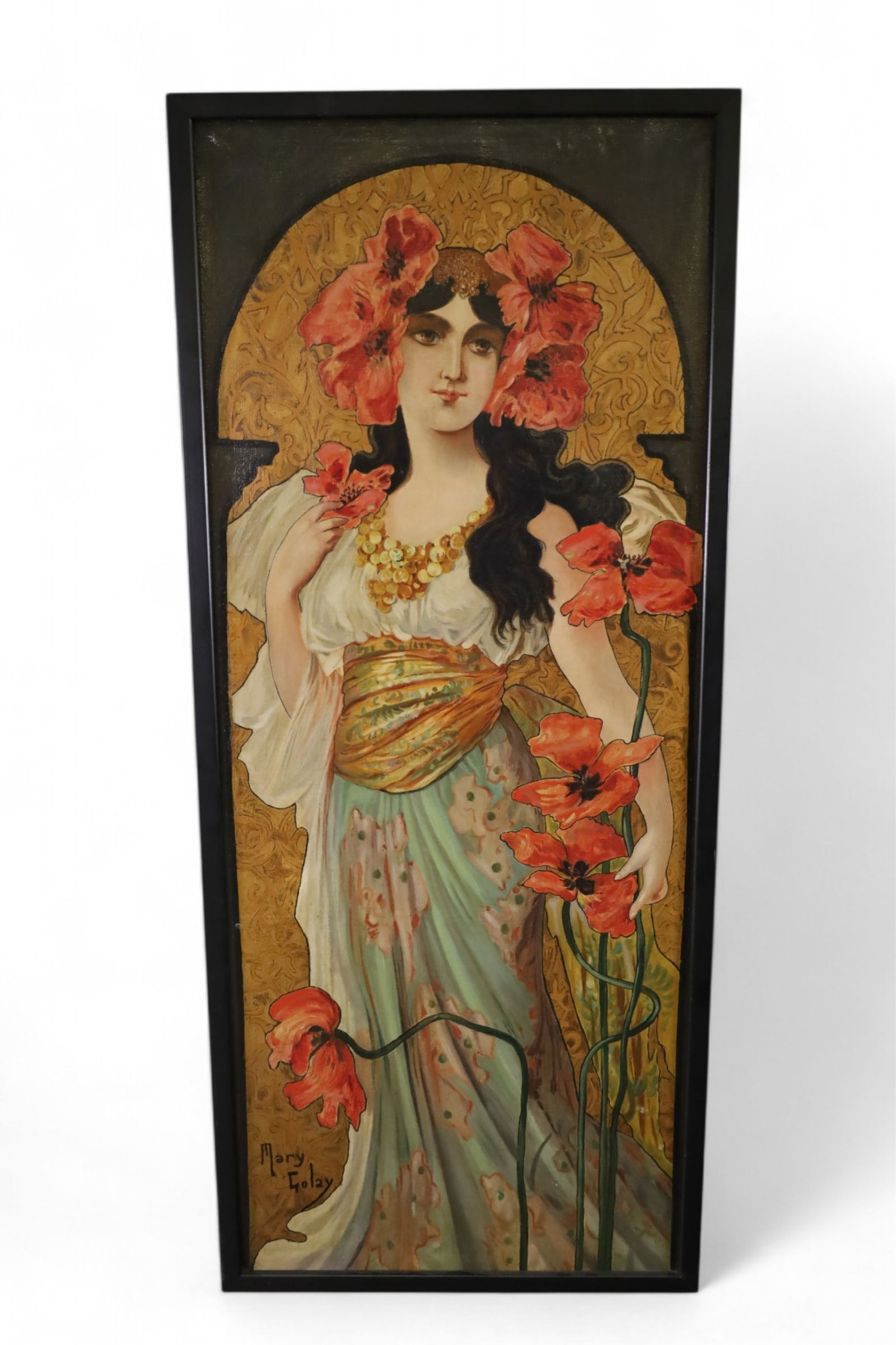 MARY GOLAY ART NOUVEAU PORTRAIT: OIL ON CANVAS, MARY GOLAY ART NOUVEAU PORTRAIT, "POPPIES" SIGNED LOWER LEFT. 17" x 40" IN FRAME.