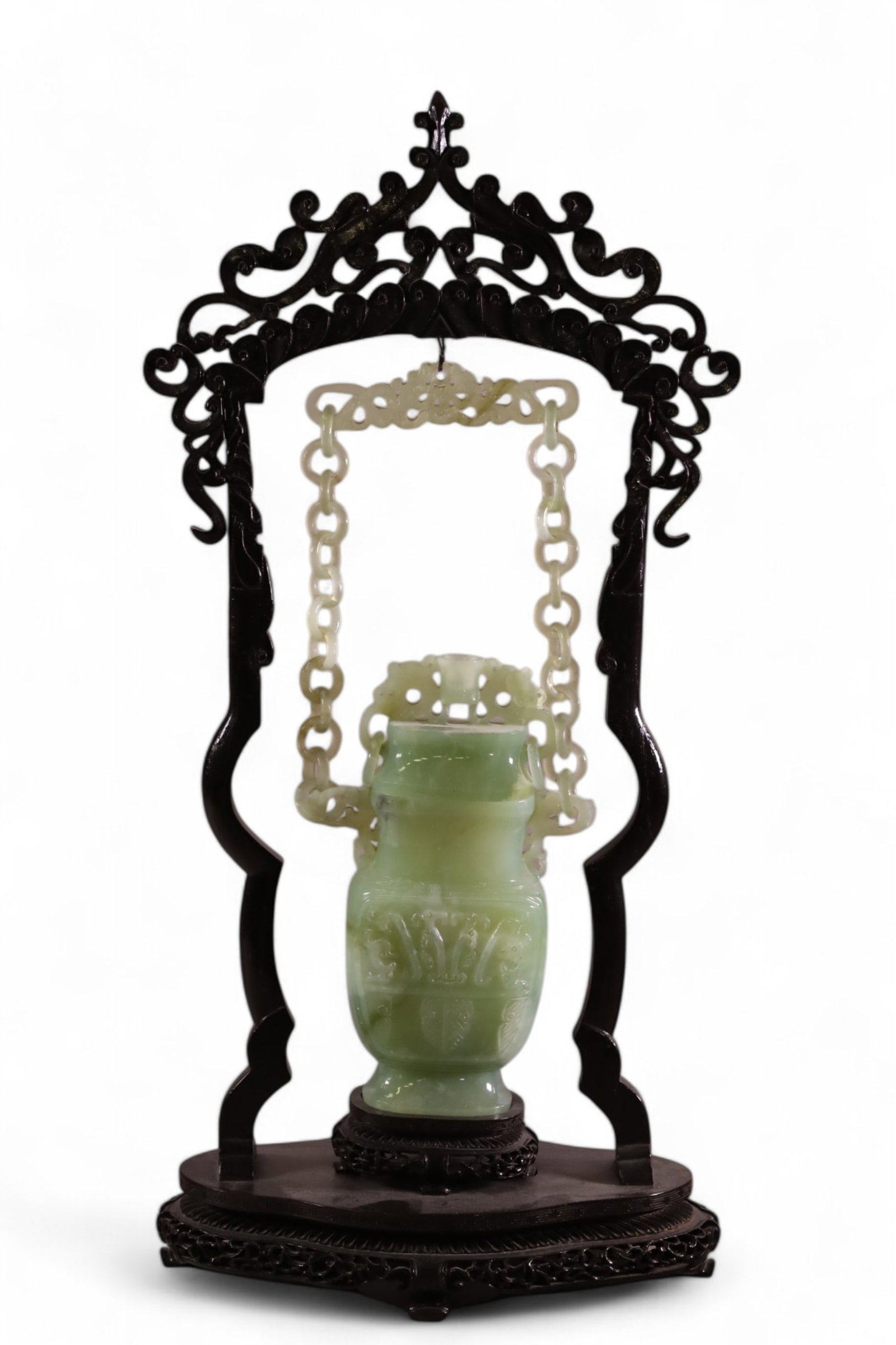CHINESE CARVED JADE CAULDRON: CARVED CHINESE JADE HANGING CAULDRON, IN WOODEN FRAME. 21" H.