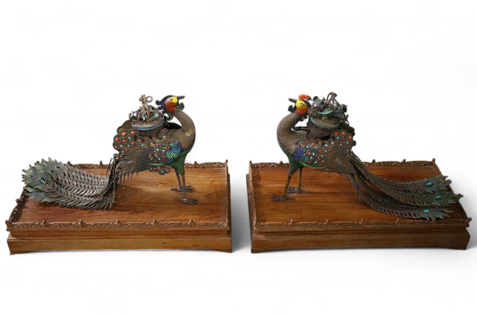 PAIR OF CHINESE SILVER & ENAMEL PEACOCKS (1 of 11)