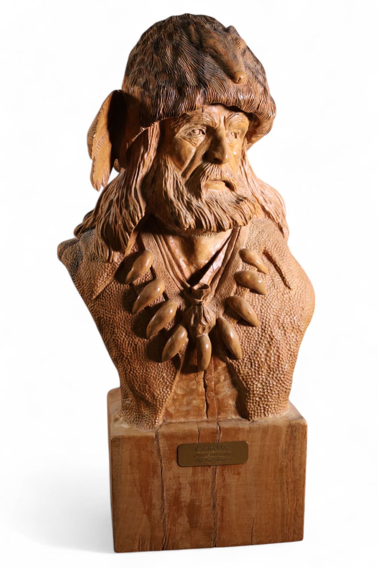 BILL SPENCER CARVED WOOD BUST: WOODEN CARVED BUST, BY BILL SPENCER, TITLED ZACHARIAS LAST OF A BREED. 19" H.