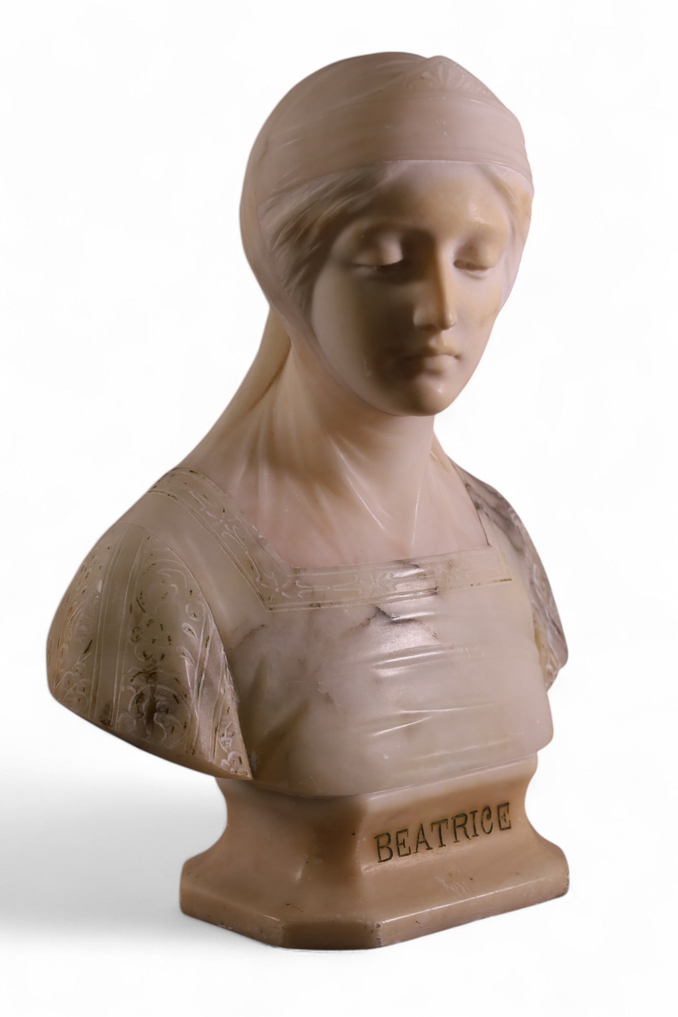 LARGE ALABASTER BUST: ITALIAN ALABASTER BUST, TITLED BEATRICE. MARKED ITALY, PROF. BESSI. 14" H.