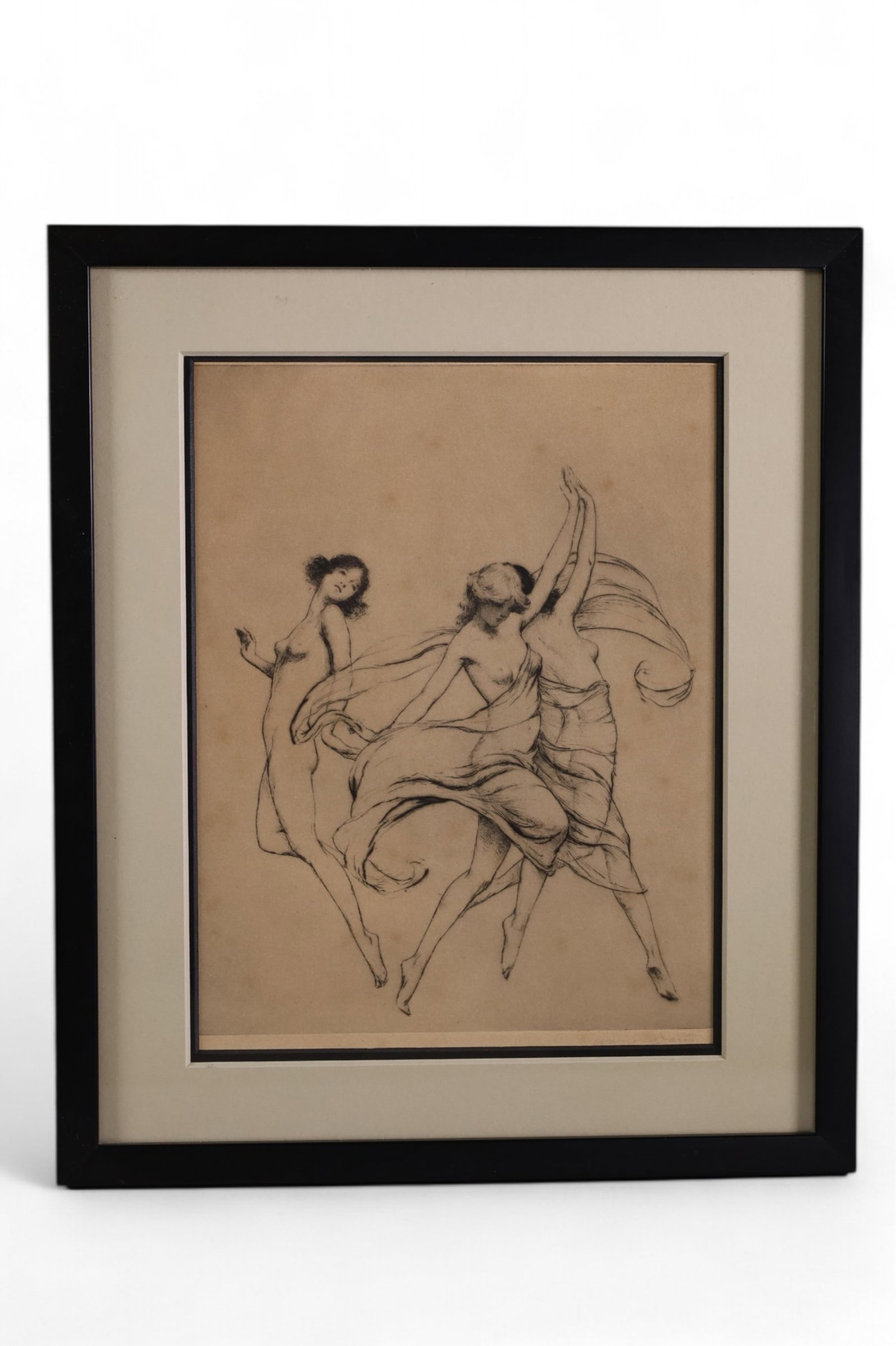 ART NOUVEAU NUDE ARTIST PROOF: FRAMED UNDER GLASS, SIGNED WARREN DAVIS. FOXING & DISCOLORATION. 12" x 14" IN FRAME