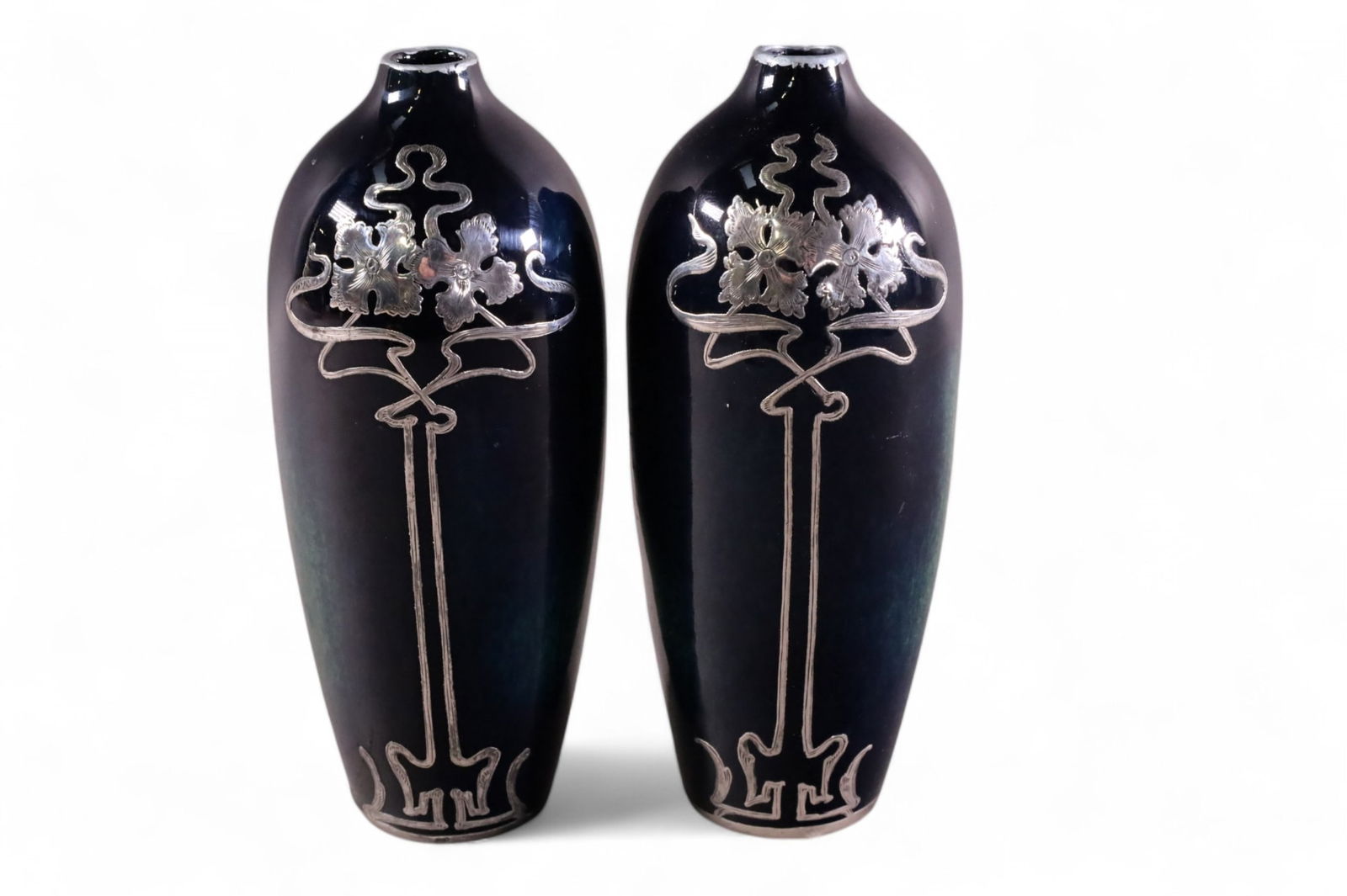 PAIR OF STERLING OVERLAY VASES (1 of 4)