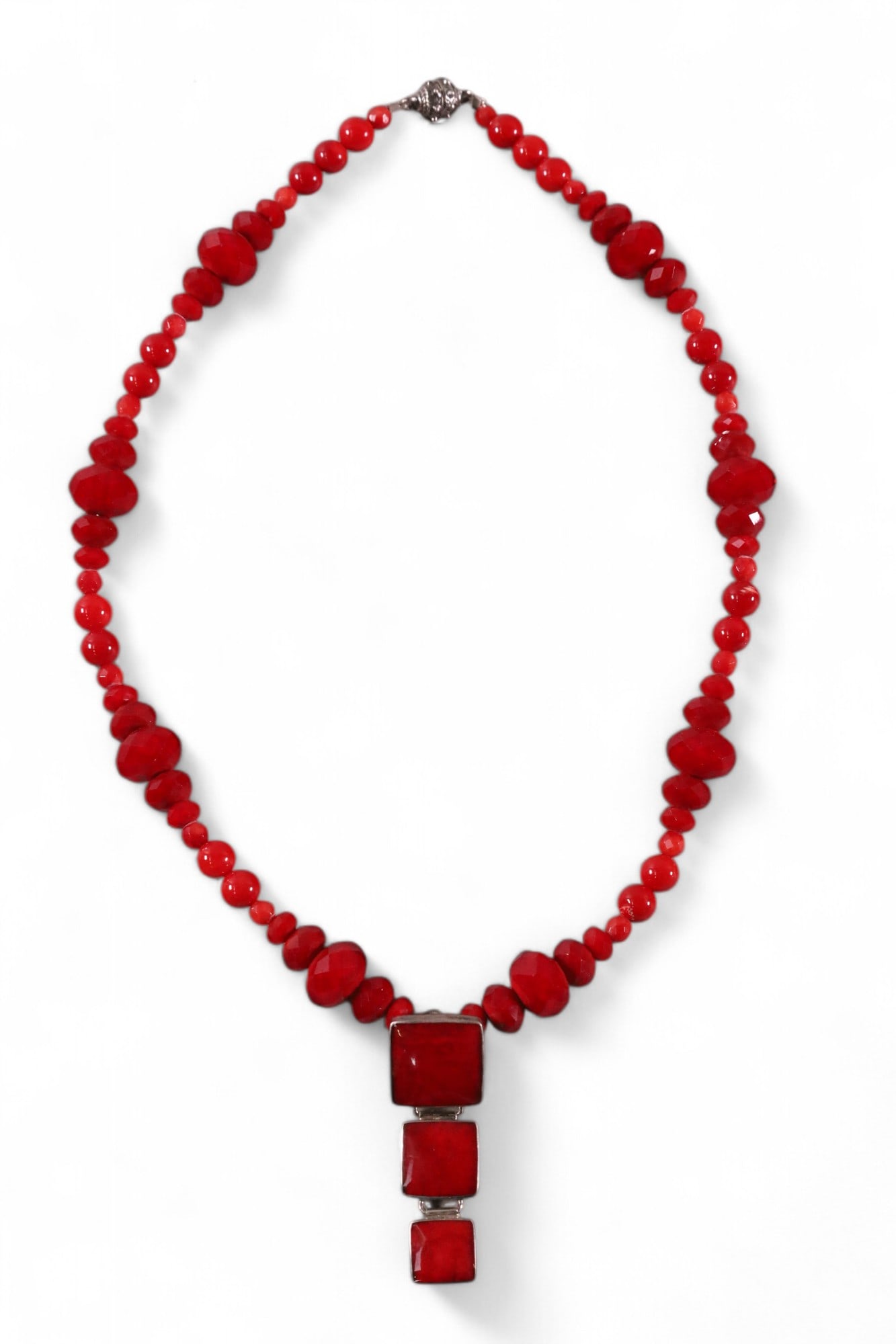 RUBY & CORAL NECKLACE: VINTAGE RUBY AND CORAL NECKLACE. PENDANT MARKED 925. 9" L