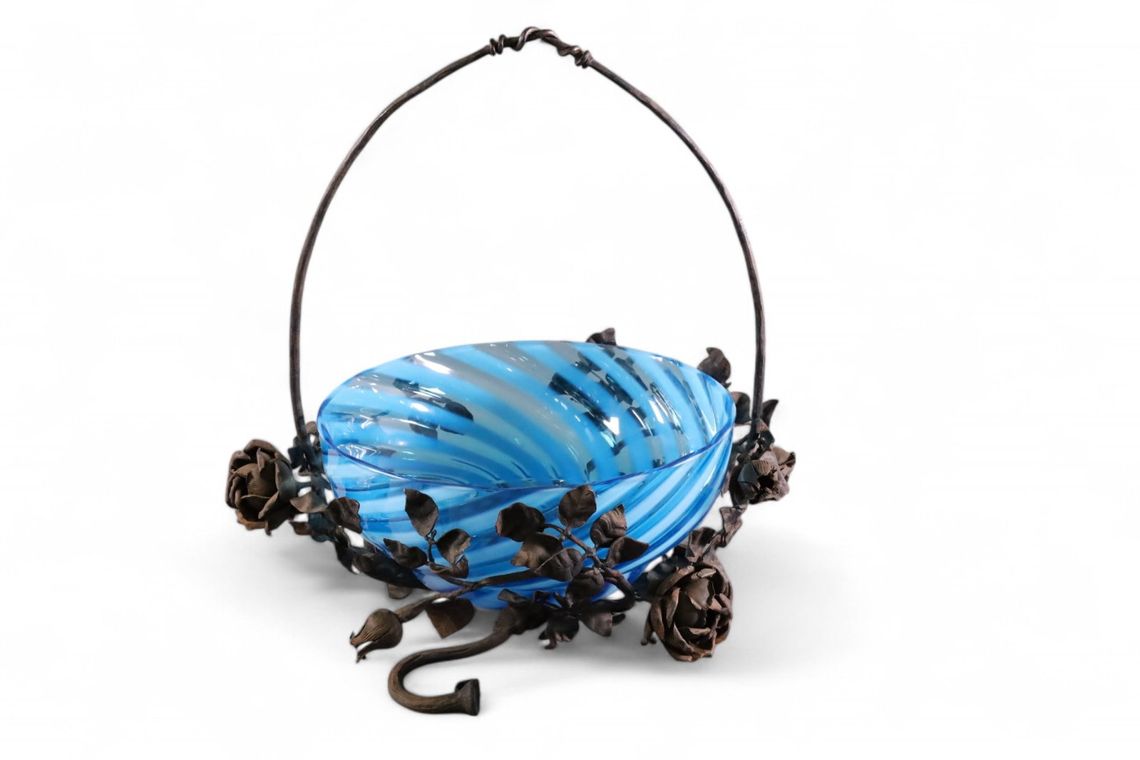 ART NOUVEAU BRIDE'S BASKET: IRON FLORAL BASKET WITH BLUE OPALESCENT BOWL, HAND WROUGHT FLORAL IRON BASE. 9" DIAM x 13" H.
