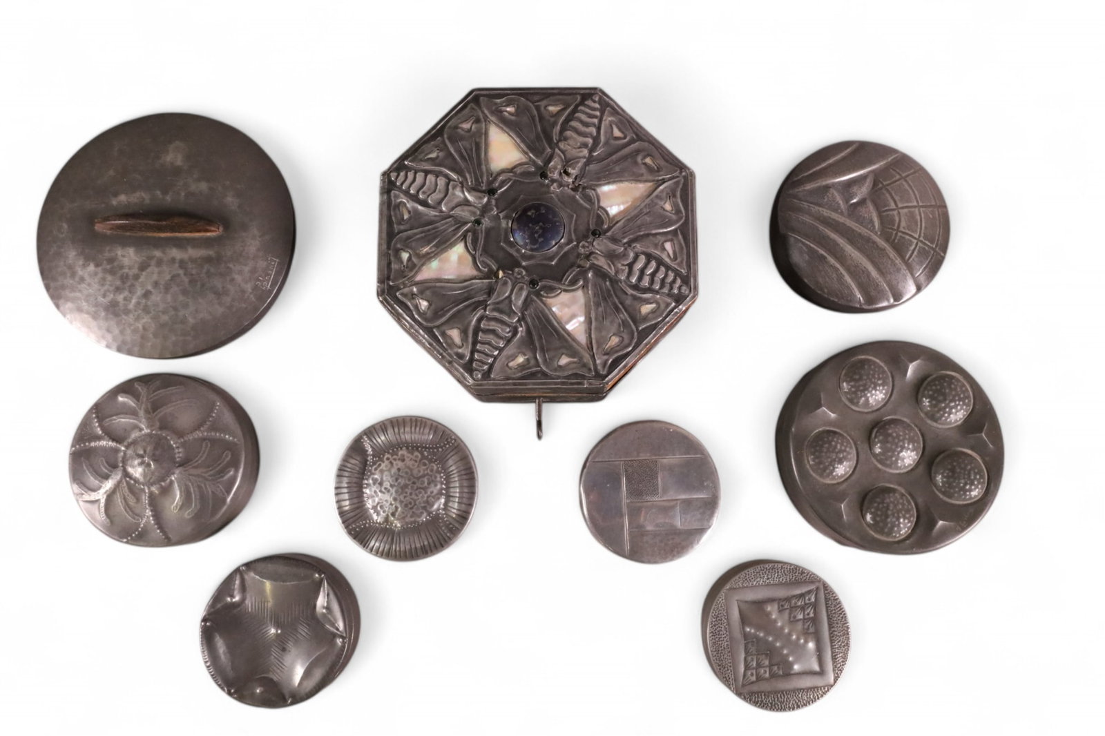 9 ART NOUVEAU PEWTER BOXES: DECORATIVE ART NOUVEAU PEWTER BOXES. 3" - 6 1/2" DIAM.