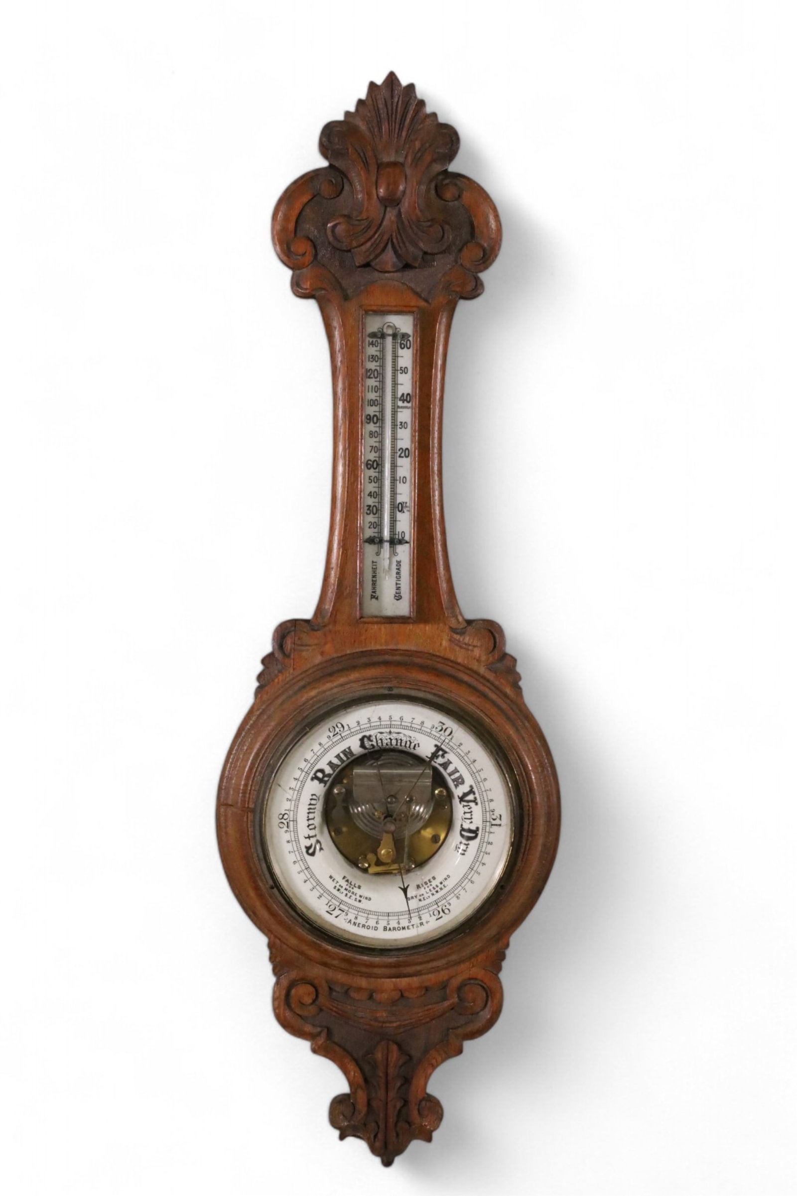VICTORIAN CARVED OAK BAROMETER (1 of 8)