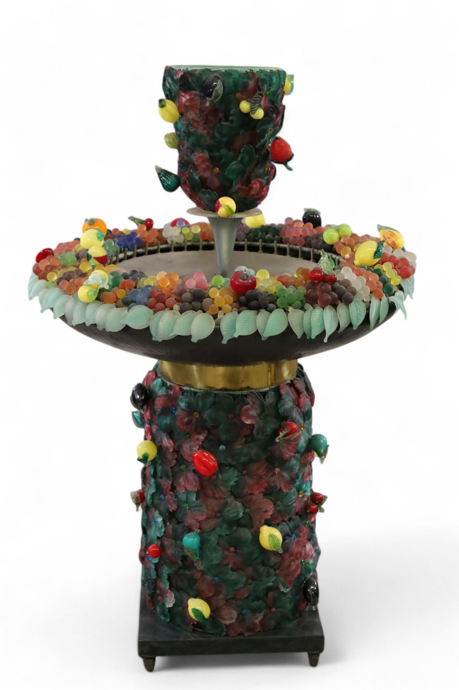 MURANO GLASS FOUNTAIN: ONE OF A KIND ITALIAN MURANO GLASS LEAF AND FRUIT FOUNTAIN, UNKNOWN WORKING ORDER, UNTESTED. SOME DAMAGE TO FRUIT. 32" DIAM x 47" H. THIS ITEM EXCEEDS SIZE LIMITATIONS FOR IN HOUSE SHIPPING, MUST BE P