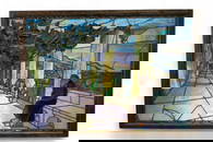 LARGE ANTIQUE MISSION SCENE LEADED GLASS WINDOW