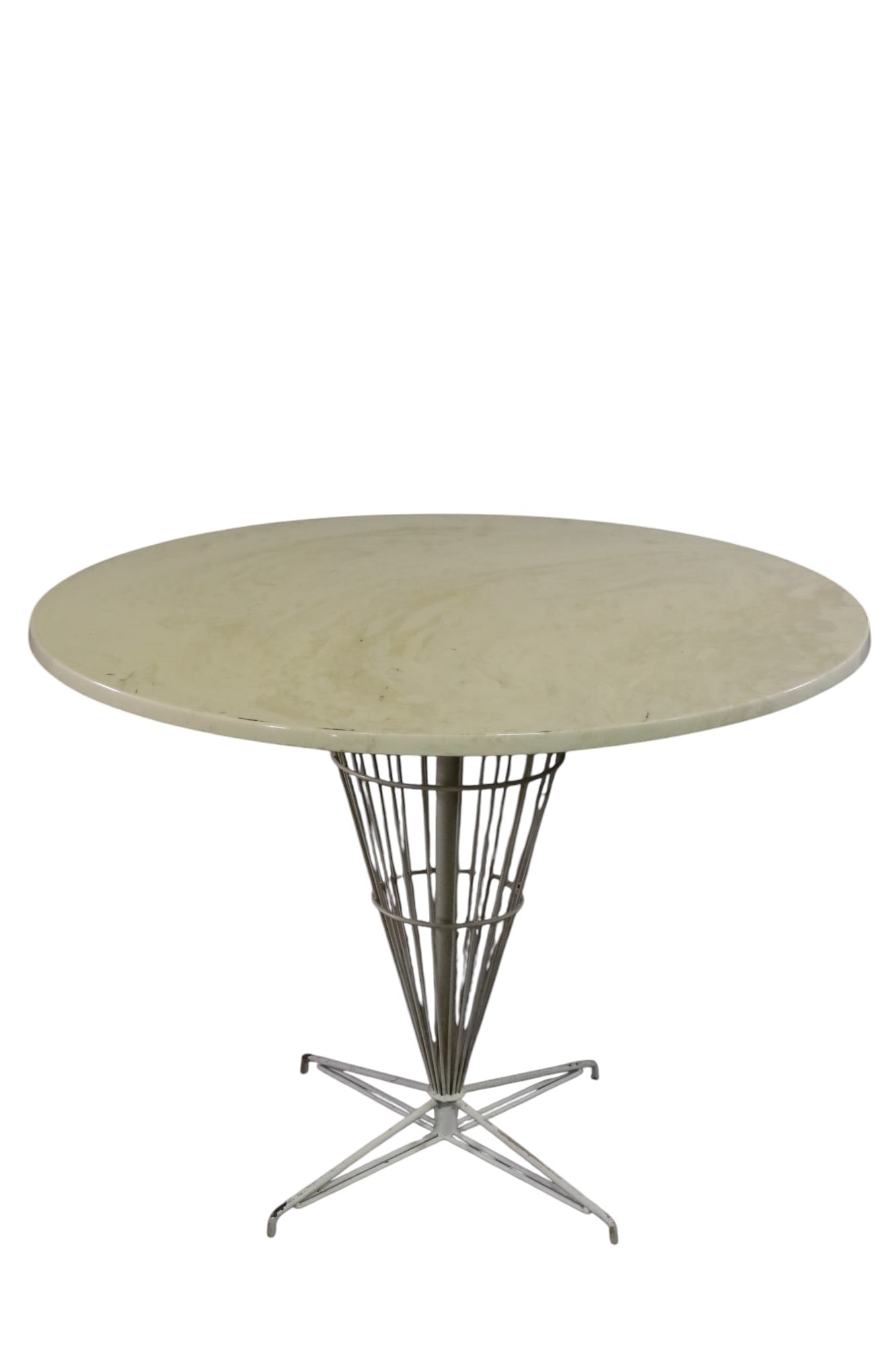 MID CENTURY MODERN TABLE: WIRE BASE, RESIN TOP. PAINTED FINISH. MINOR PAINT LOSS. 36" DIAM x 27" H. THIS ITEM EXCEEDS SIZE LIMITATIONS FOR IN HOUSE SHIPPING, MUST BE PICKED UP IN HOUSE OR SHIPPED VIA 3rd PARTY SHIPPER.