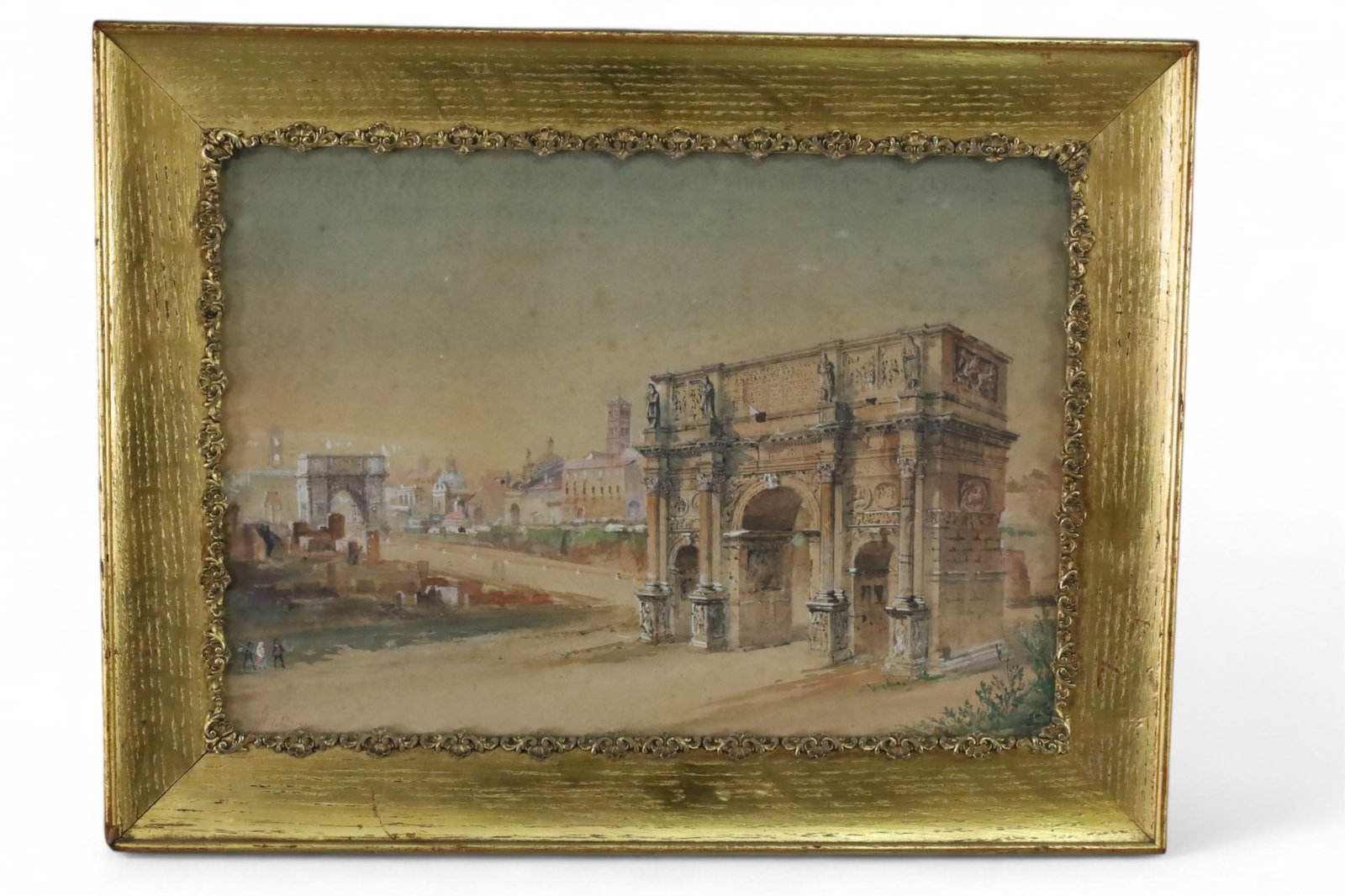 19TH CENTURY ARCH OF CONSTANTINE WATERCOLOR: WATERCOLOR, FRAMED UNDER GLASS, DEPICTING ARCH OF CONSTANTINE, REPAIR TO TOP LEFT, FOXING. 18" x 14 IN FRAME.