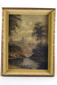 ANTIQUE RIVER SCENE OIL PAINTING
