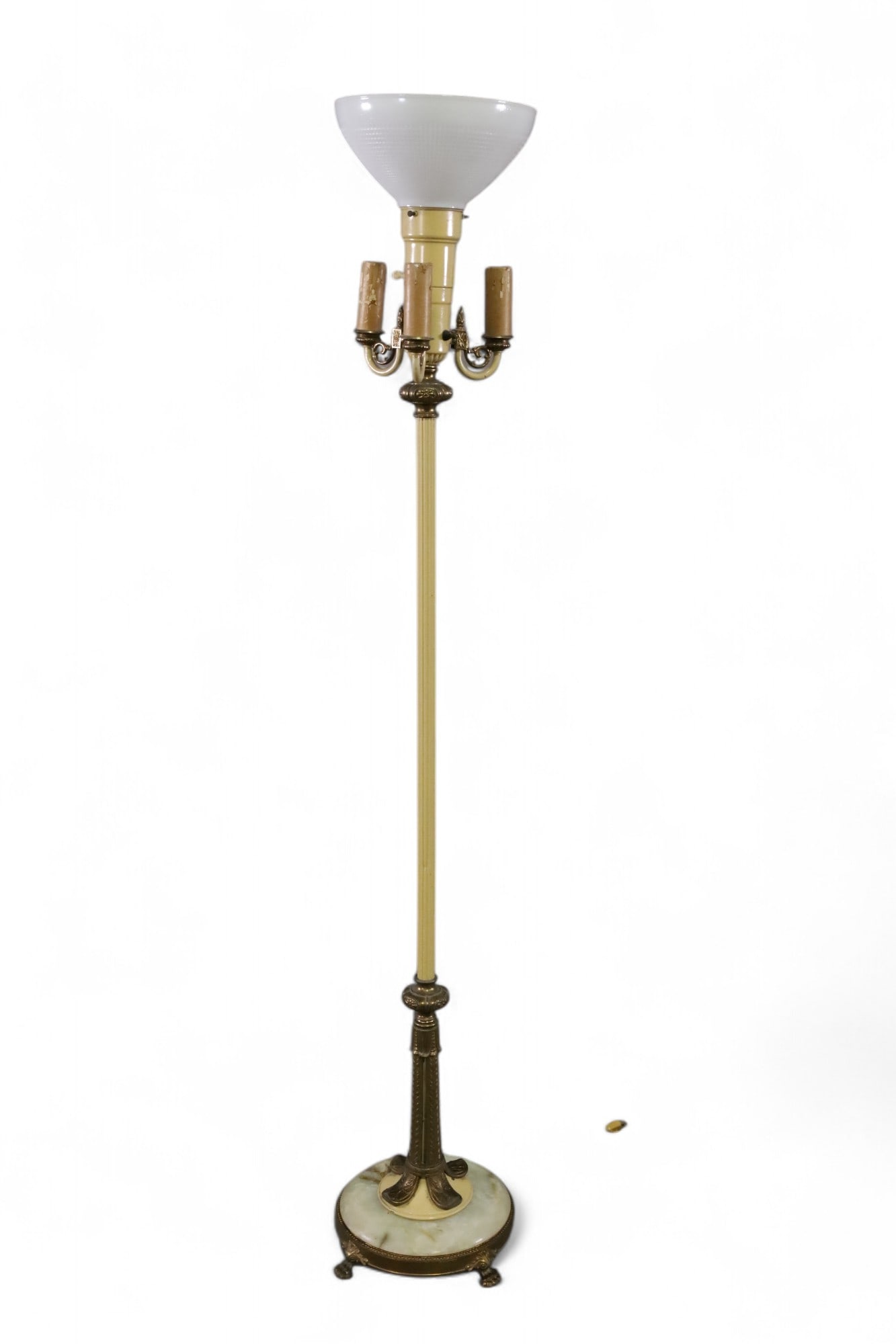 ONYX AND SPELTER FLOOR LAMP: TRIPLE SOCKET WITH GLASS SHADE, ONYX BASE. 63" H. THIS ITEM EXCEEDS SIZE LIMITATIONS FOR IN HOUSE SHIPPING, MUST BE PICKED UP IN HOUSE OR SHIPPED VIA 3rd PARTY SHIPPER.