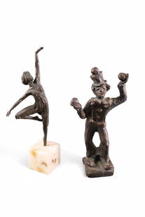 2 CABINET BRONZES: EN POINT, BY PAUL FAIRLEY, SIGNED & NUMBERED. & JUGGLING CLOWN, BY ELIZABETH TOTIN. 10" H & 8 1/2" H