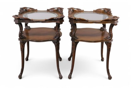 PAIR OF FANCY MAHOGANY GLASS TOP END TABLES