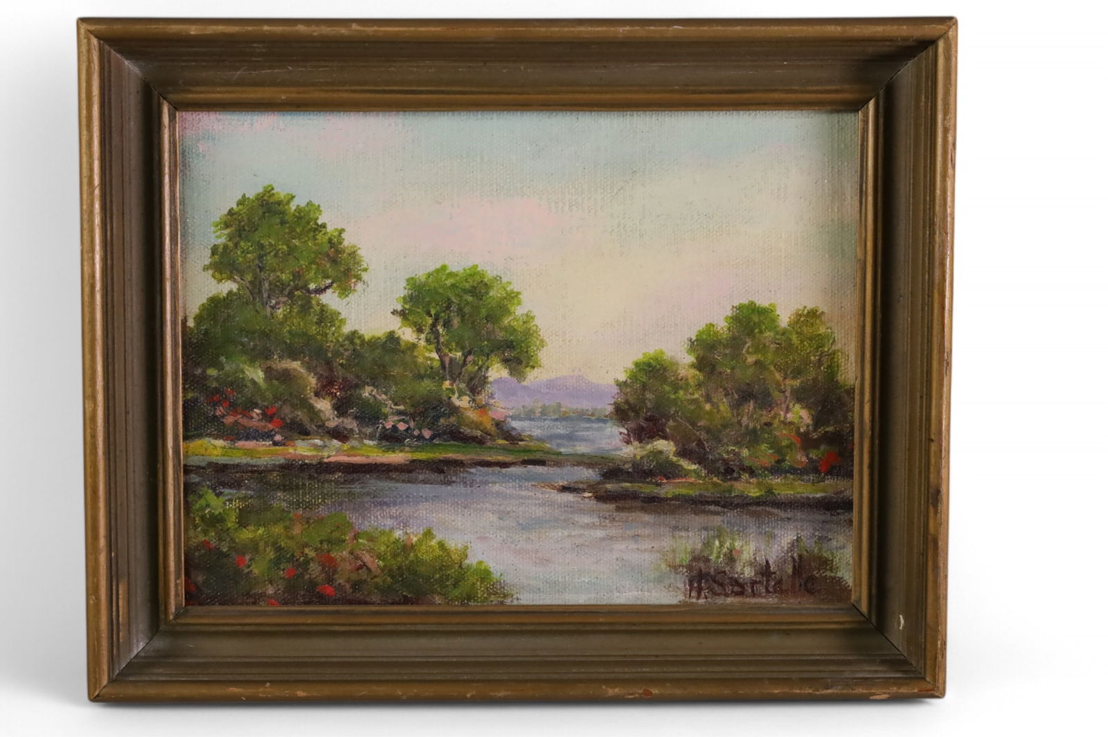 HERBERT SARTELLE OIL PAINTING: OIL ON BOARD, SIGNED. RIVER SCENE OIL PAINTING. 6" x 8" IMAGE SIZE / 9 1/2" x 7 1/2" IN FRAME