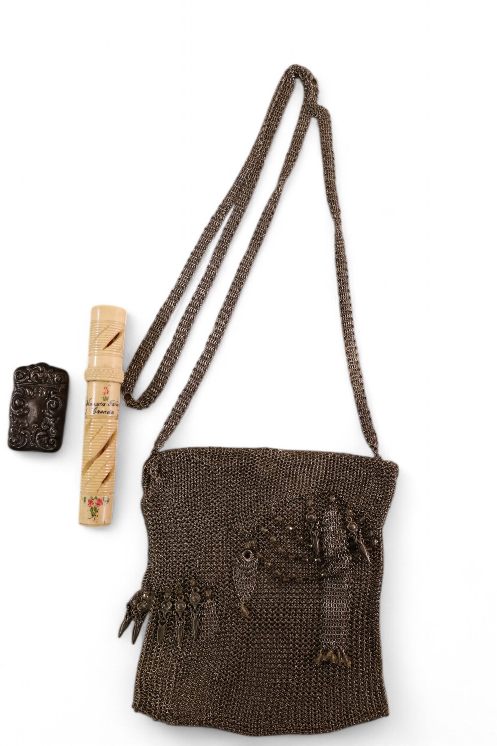 PURSE/MATCHSAFE/PEN HOLDER: SILVER MESH PURSE, SILVER MATCHSAFE & BONE CARVED PEN HOLDER.