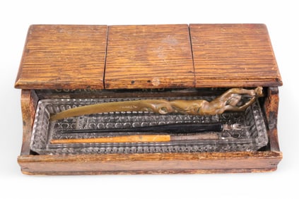 INKWELL SET & BRONZE FIGURAL LETTER OPENER