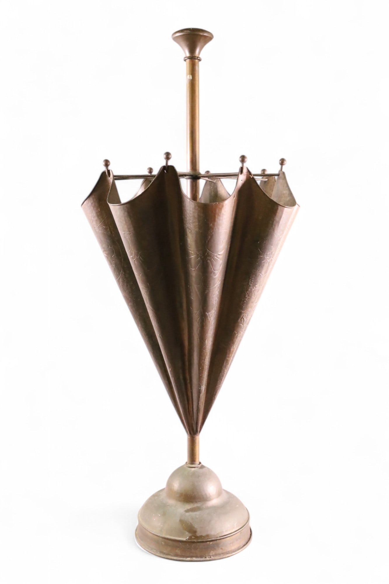 UMBRELLA STAND: ANTIQUE UMBRELLA FORM, UMBRELLA STAND. 35" H. THIS ITEM EXCEEDS SIZE LIMITATIONS FOR IN HOUSE SHIPPING, MUST BE PICKED UP IN HOUSE OR SHIPPED VIA 3rd PARTY SHIPPER.