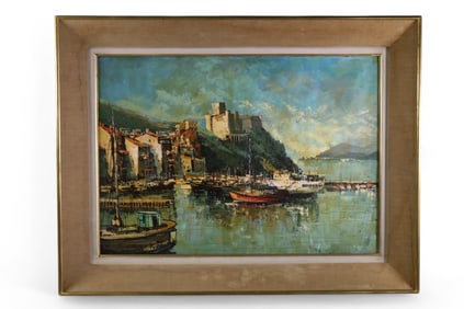 MID CENTURY HARBOR SCENE OIL PAINTING