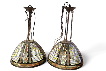PAIR OF LEADED GLASS HANGING LIGHTS