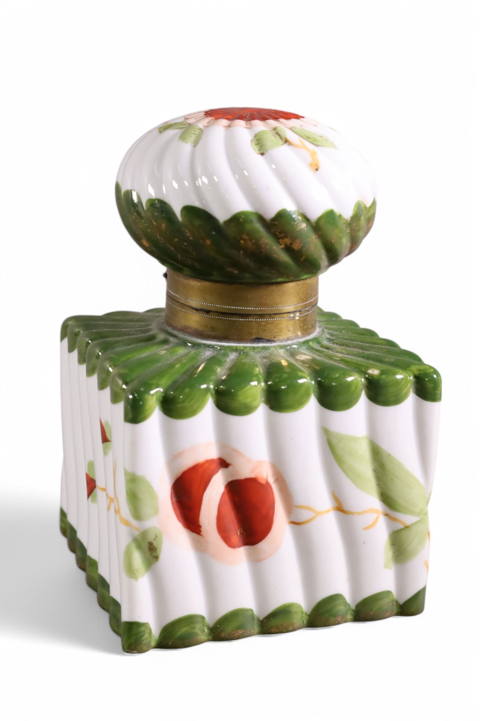 LARGE VICTORIAN GLASS INKWELL: LARGE HAND PAINTED GLASS INKWELL, FLORAL DECORATION. 6" H.