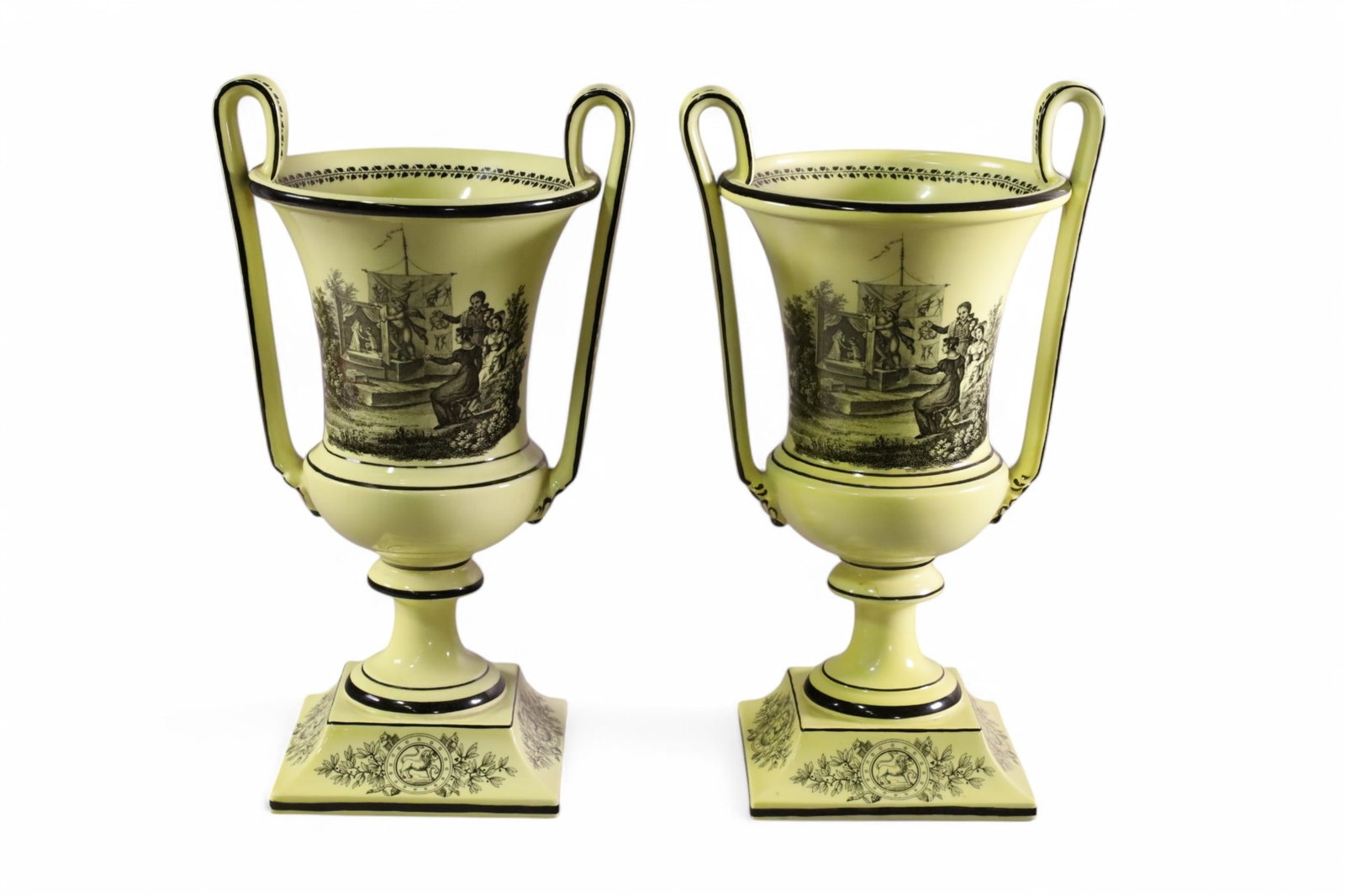 PAIR OF ITALIAN PORCELAIN URNS: PAIR OR HANDLED PORCELAIN URNS, MARKED MOTTAHEDEH. 13" H.