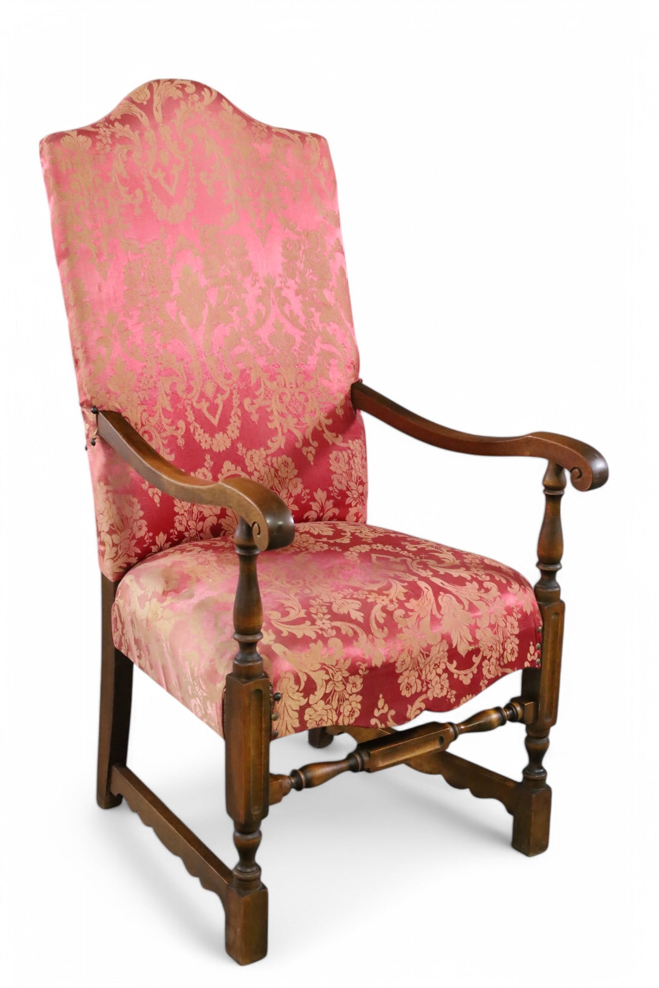 1930'S TALL BACK HALL CHAIR: TALL BACK HALL CHAIR ROLLED ARMS, SMALL STAIN TO SEAT. 24" W x 20" D x 47" H. THIS ITEM EXCEEDS SIZE LIMITATIONS FOR IN HOUSE SHIPPING, MUST BE PICKED UP IN HOUSE OR SHIPPED VIA 3rd PARTY SHIPPER.