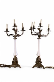 PAIR OF BRONZE & OPALESCENT TABLE LAMPS