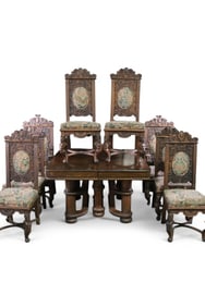 ANTIQUE CARVED OAK FIGURAL TABLE AND CHAIRS