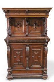 1900'S HIGHLY CARVED 4 DOOR FIGURAL CABINET