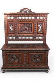 HIGHLY CARVED OAK FIGURAL HALL BENCH