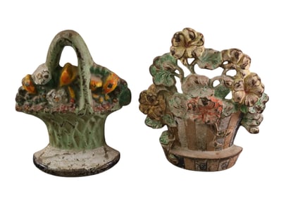 2 CAST IRON FLOWER BASKET DOORSTOPS