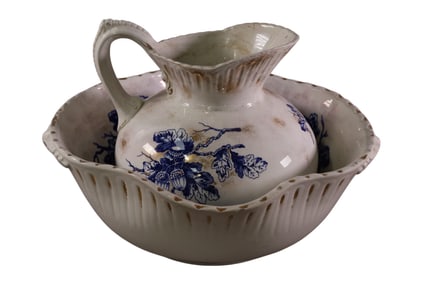 LARGE FLOW BLUE PITCHER & BOWL
