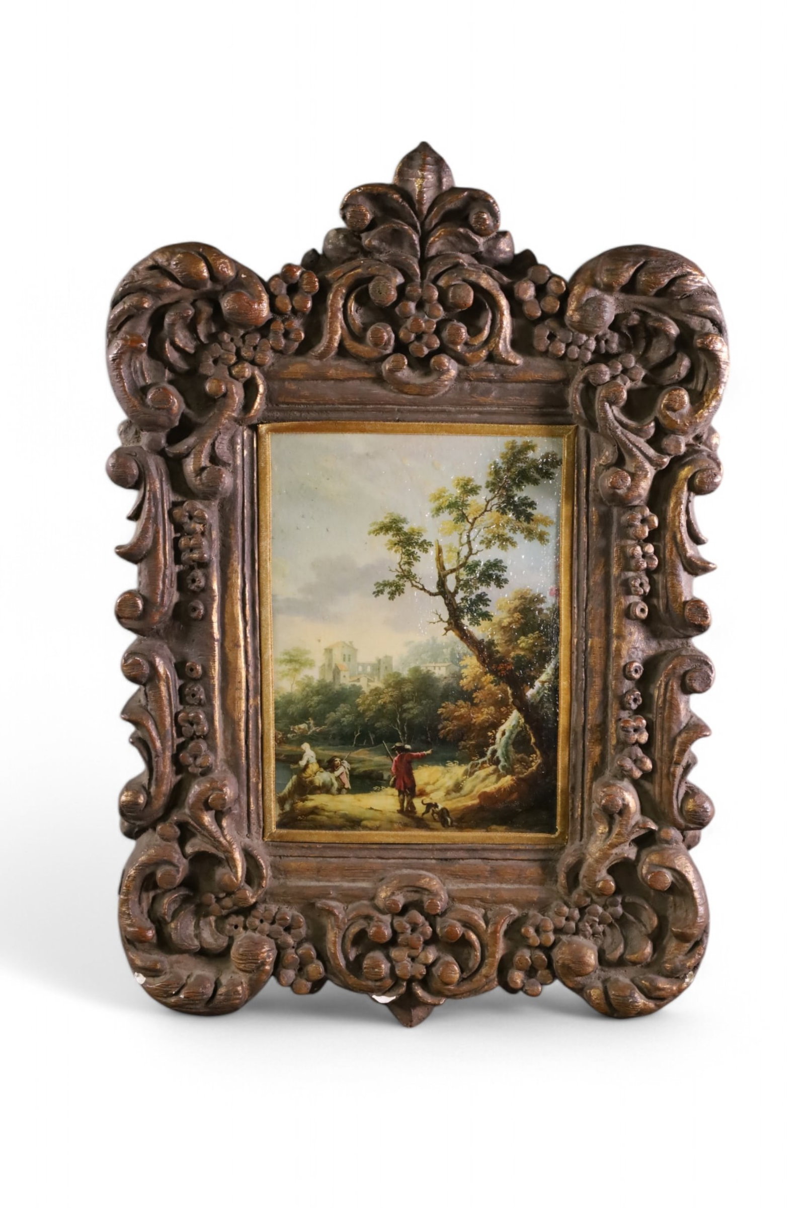 ANTIQUE PAINTING IN PLASTER FRAME: ANTIQUE OIL PAINTING IN MOLDED PLASTER FRAME, MARKED HAROLD ON REVERSE. CHIPS TO FRAME. 15" x 22" IN FRAME