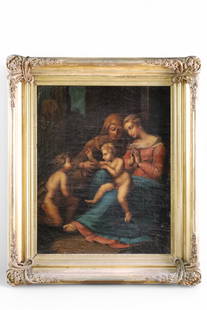 ANTIQUE ITALIAN OIL PAINTING: OIL ON CANVAS, UNSIGNED. IN GILT FRAME. AFTER RAPHAEL. 15" x 19" IMAGE SIZE / 20 1/2" x 24 1/2" IN FRAME