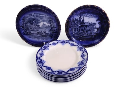 SET OF 8 FLOW BLUE PLATES