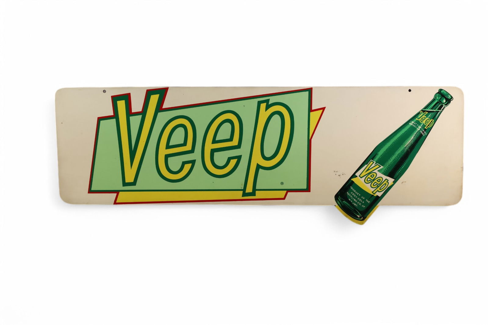 VEEP (COKE) W/ BOTTLE METAL SIGN (TAC): RATED 8.75, 14"X40.25", THE SST DIECUT SIGN HAS VERY GOOD COLOR AND SHINE, HAS SMALL AREA OF WEAR NEXT THE BOTTLE. TAC #057829