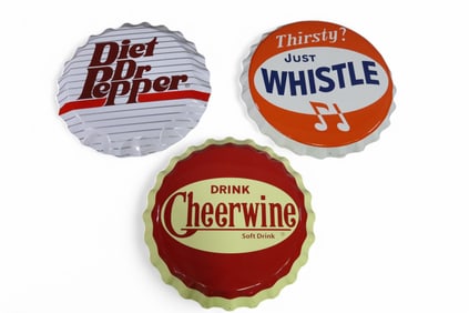 3 CONTEMPORARY BOTTLE CAP METAL SODA SIGNS