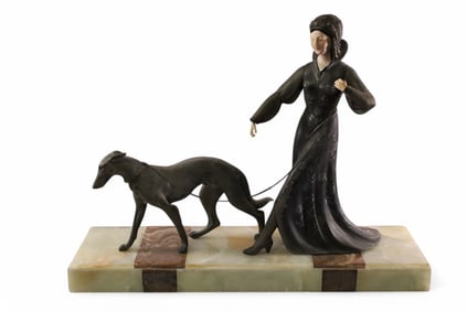 ART DECO LADY W/ DOG STATUE