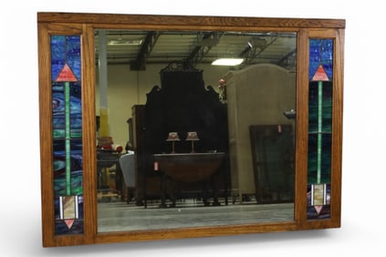 LARGE STAINED GLASS OVER THE MANTLE MIRROR