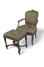 PAINTED FINISH FRENCH ARMCHAIR & FOOTSTOOL
